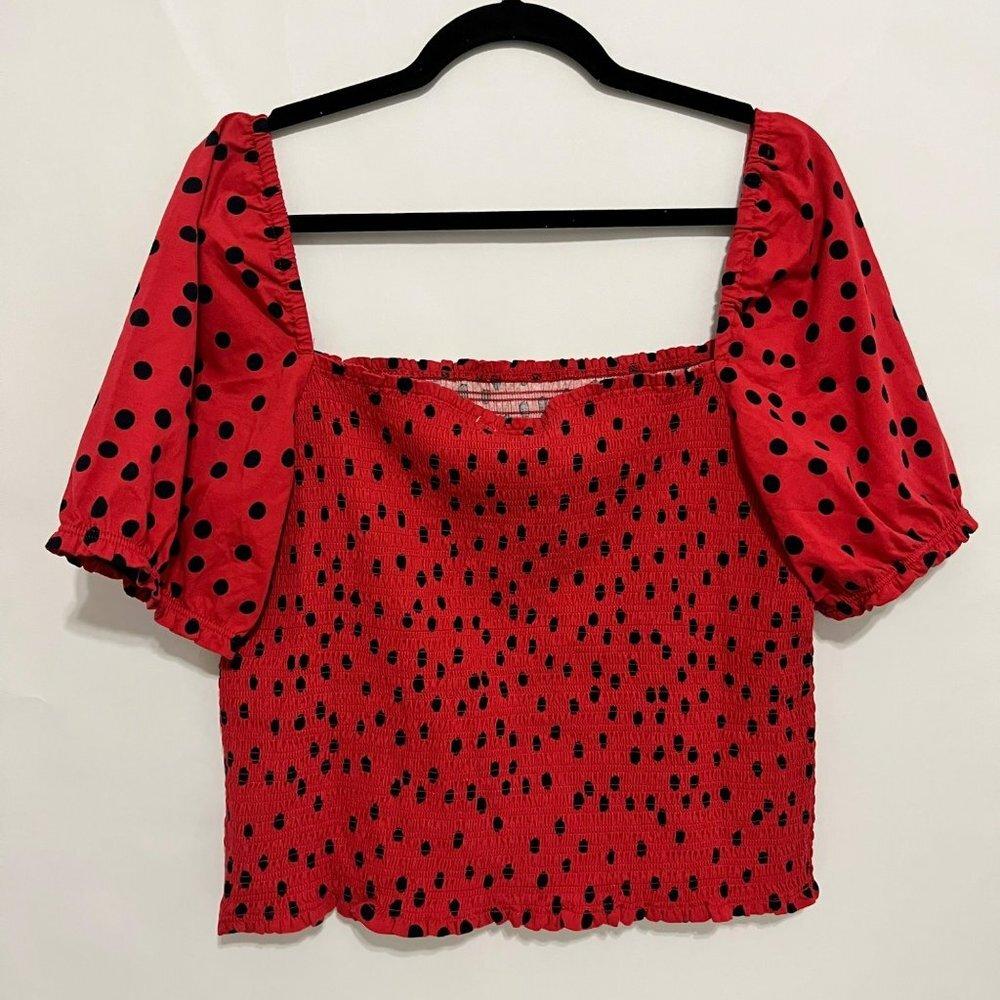 NEW ANTHROPOLOGIE DOLAN BLOUSE XL POLKA DOT SMOCK TOP RED BLACK PUFF SLEEVE NWOT - Picture 3 of 10